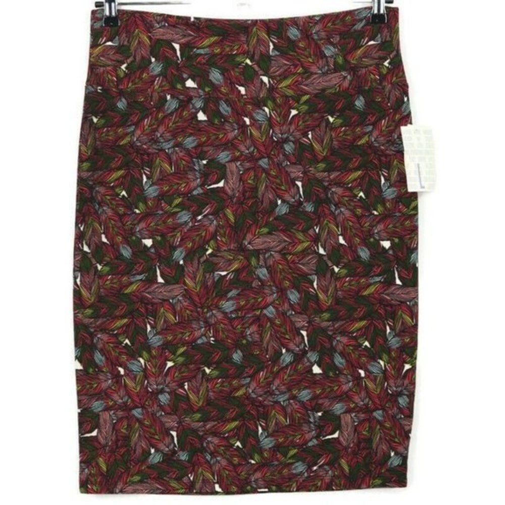 LuLaRoe Cassie Pencil Straight Skirt Pink Green Black Feathers‎ L Large